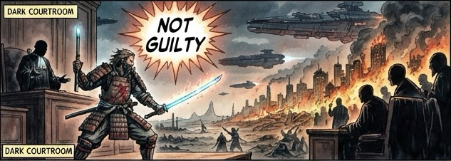 Dark courtroom. The samurai defender raises a glowing blade and declares "Not guilty!"