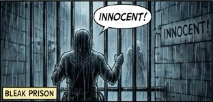 Bleak prison. A man behind bars: "Innocent!"