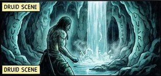 Druid scene. A figure kneels at a glowing spring in a cave.