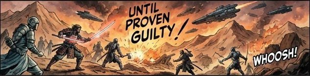 "Until proven guilty!" The defender charges across a burning battlefield.