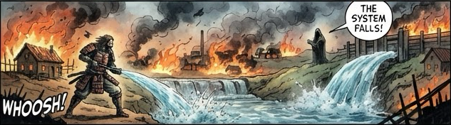 "The system falls!" A dam bursts over a burning village.
