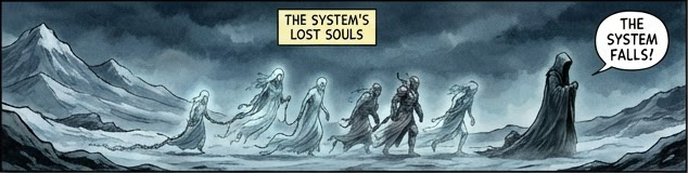 The system's lost souls cross a frozen waste in chains. "The system falls!"