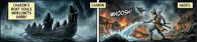 Charon's boat carries the souls across dark water; in Hades, the winged messenger turns the flood on the flames.