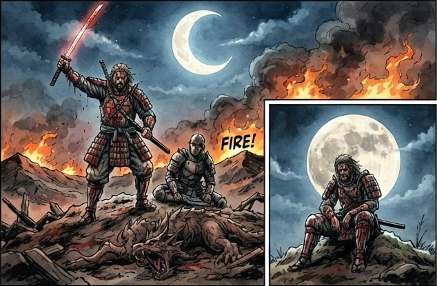 Under a crescent moon the defender raises his sword over the fallen beast. "Fire!"