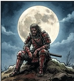 After the battle, the wounded warrior sits alone under the full moon.