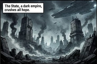 The State, a dark empire, crushes all hope.