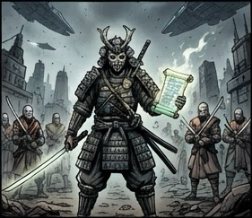 The defender stands with the charge in hand before the State's soldiers. Menace.