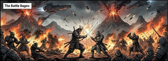The battle rages across the burning mountains.