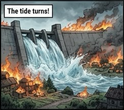 The tide turns: the dam breaks over the burning village.