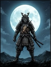 The samurai stands under the full moon.