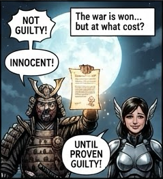 The verdict: "Not guilty! Innocent! Until proven guilty!" The war is won, but at what cost?
