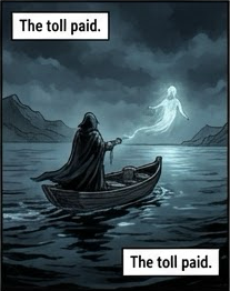 The toll paid. The ferryman and a spirit on the moonlit water.