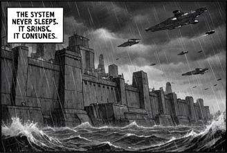 The system never sleeps. It grinds. It consumes. Warships over a fortress city in the rain.
