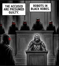The accused are presumed guilty. Robots in black robes sit in judgment.