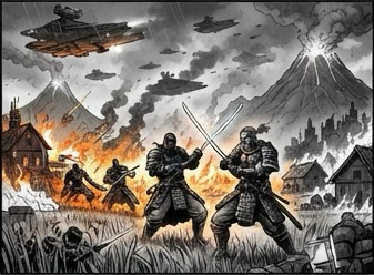 Samurai fight through a burning village under a smoking volcano.