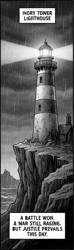 Ivory tower lighthouse on a cliff in the rain.