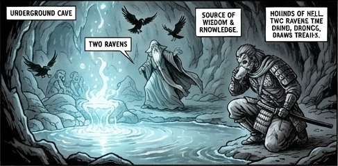 Underground cave. Two ravens, the source of wisdom and knowledge; the defender kneels at the glowing spring.