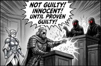 "Not guilty! Innocent! Until proven guilty!" The defender and the messenger face the robed judges.