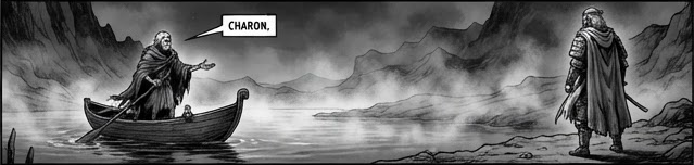 Charon rows across the misty water as the defender watches from the shore.