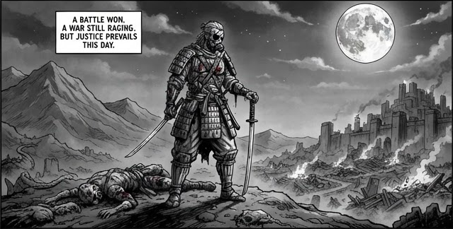 A battle won. A war still raging. But justice prevails this day. The defender stands under the moon above the ruined city.